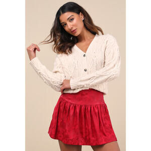 Lulus Sensational Approach Red Satin Jacquard Mini Skirt - Size S